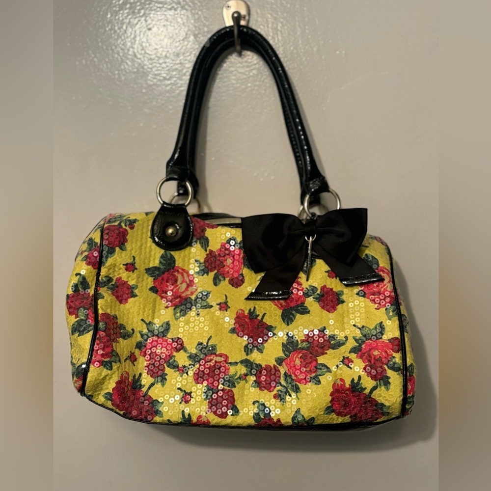 Vintage Betsey Johnson Y2K Yellow Pink Rose Garden Sequin Satchel Handbag